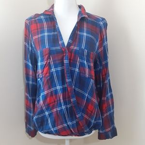 Como Vintage Wrap Front Plaid Top Blouse Size XL
